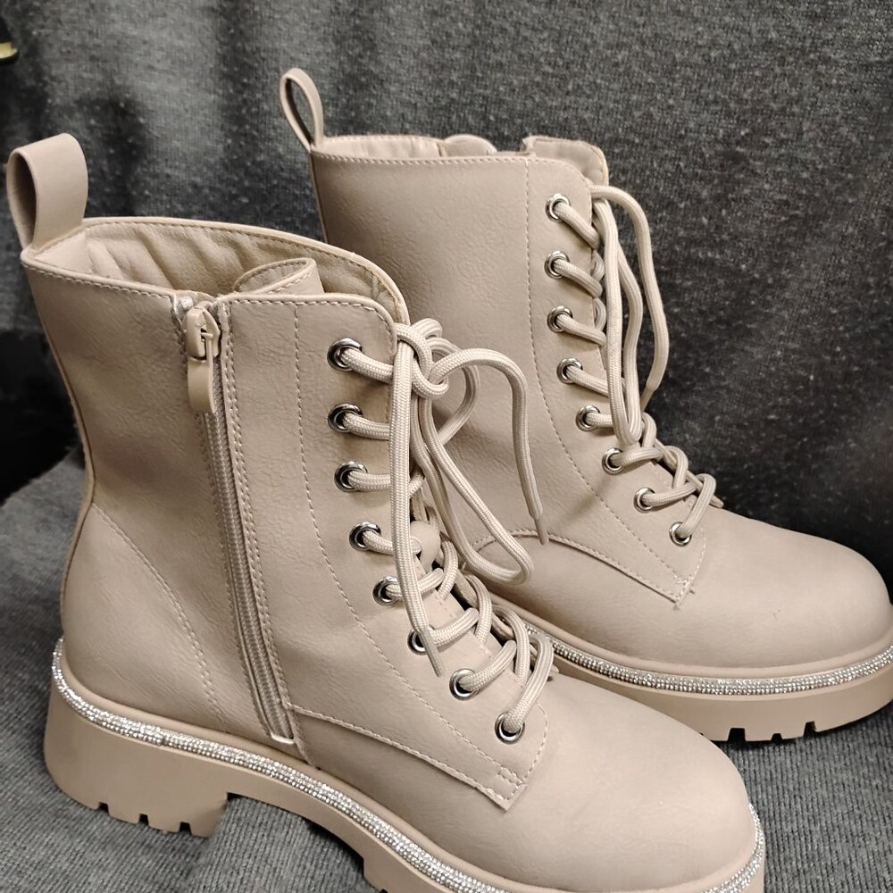 Light tan sparkly combat boots